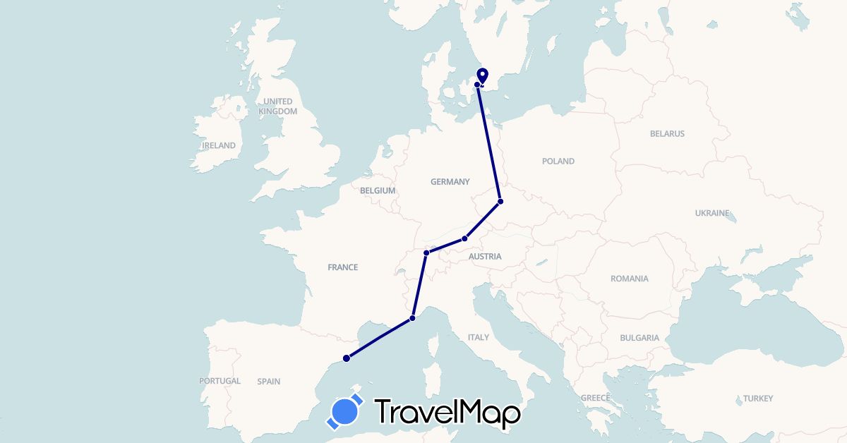 TravelMap itinerary: driving in Switzerland, Czech Republic, Germany, Denmark, Spain, Monaco, Sweden (Europe)